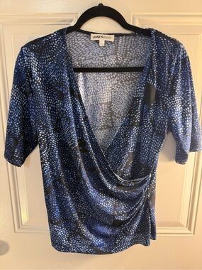 Jones New York Blue and Black Draped Wrap-Front Blouse